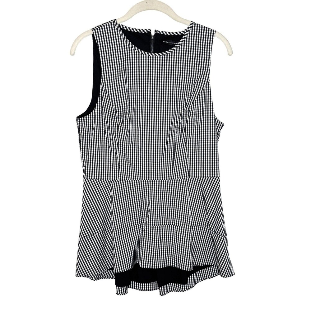 White House Black Market Tunic Top Womens 8 Black Gingham Sleeveless Peplum Zip - Picture 2 of 9